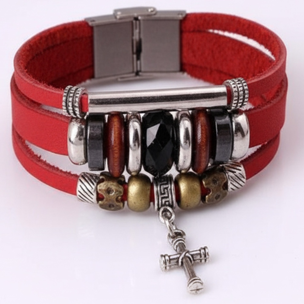Mens Leather 3‎ Strand Magnetic Bracelet Wrist Wrap